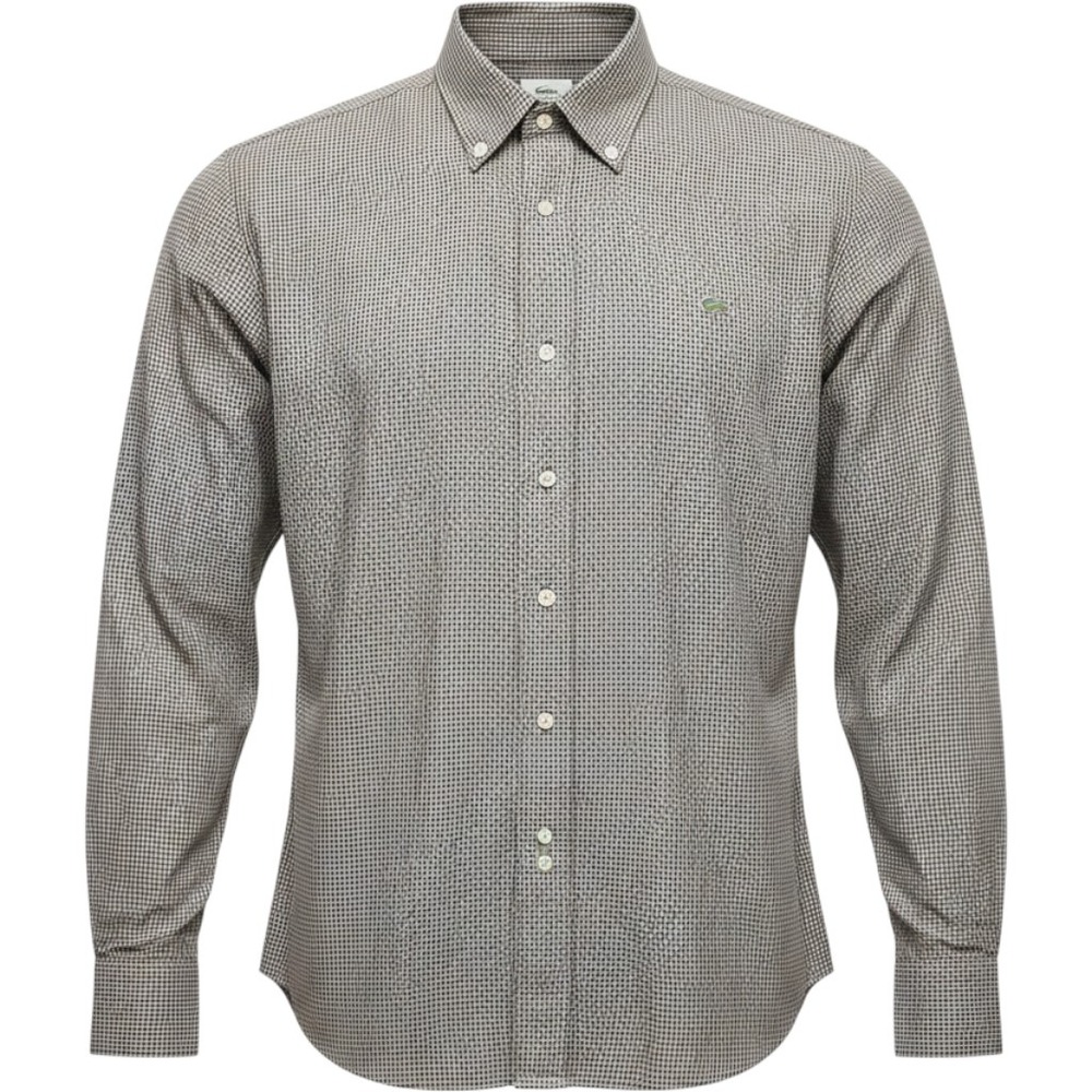 Lacoste Mens Micro Check Button Down Shirt Brown Navy White Cotton Size 42‎
